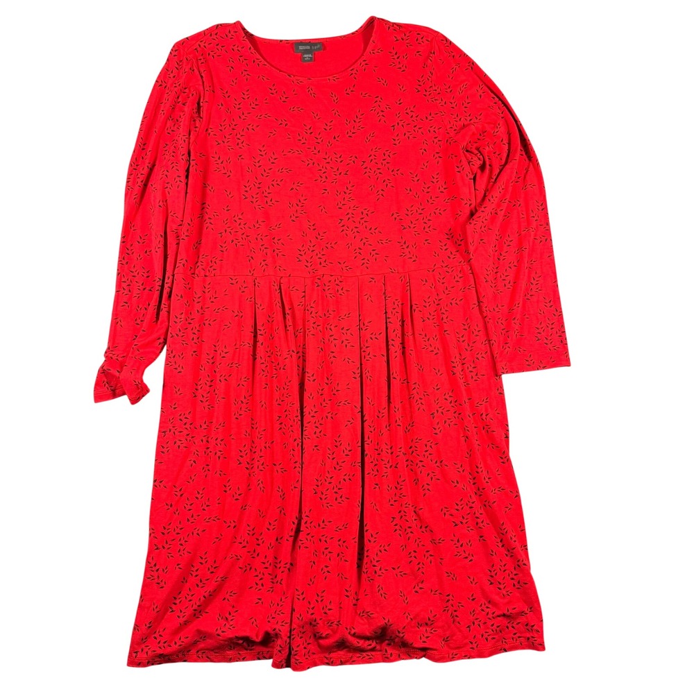 J. Jill Wearever Red Leaf Print Long Sleeve Empire Waist Knit Dress Large Petite